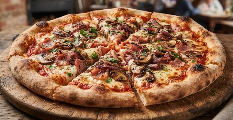 Pizza Contadina — jambon local, champignons, oignons rôtis