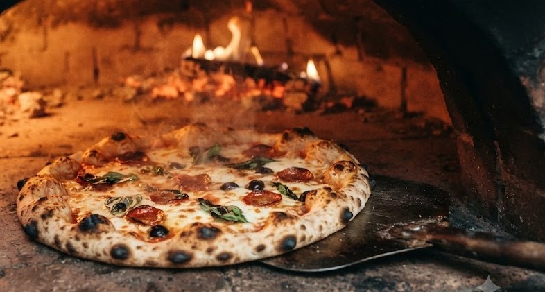 Pizza artisanale fraîchement sortie du four à bois