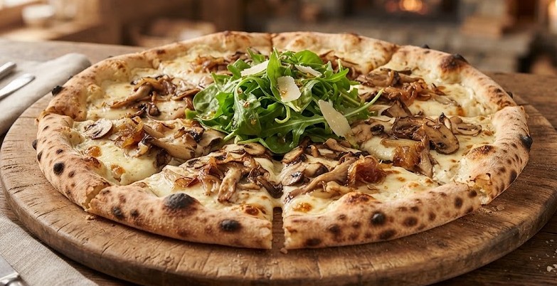 Pizza Forestière — crème, champignons, oignons rôtis, salade