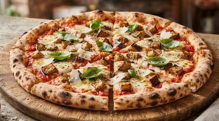 Pizza Norma — aubergine confite, tomate, ricotta salée