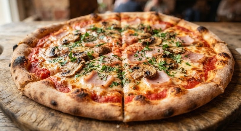 Pizza Reine — sauce tomate, mozzarella, jambon blanc, champignons frais