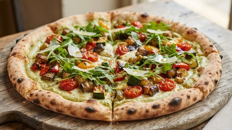 Pizza Verdate — crème de courgette, légumes rôtis, roquette